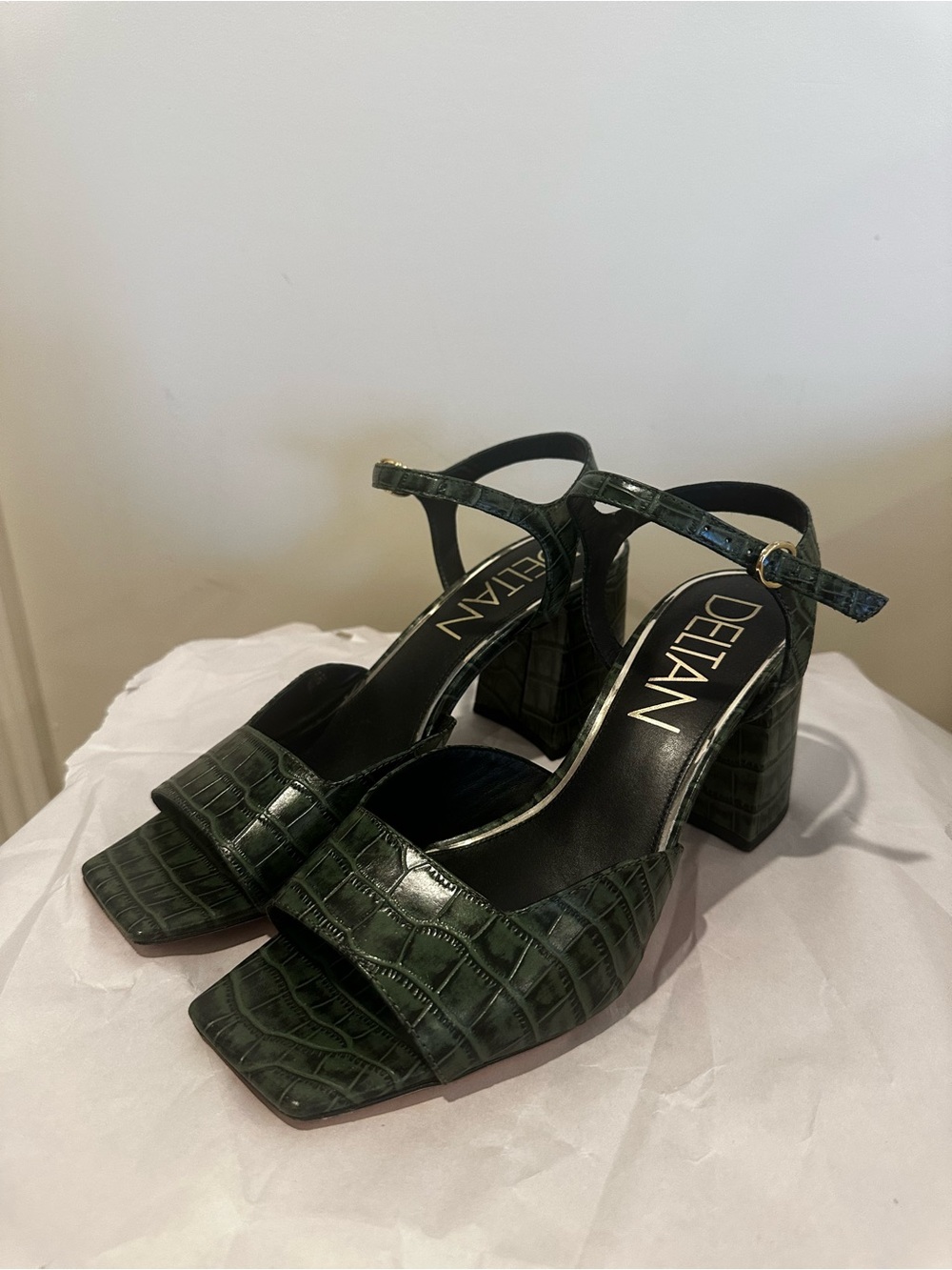 Croc-Embossed Dark Green Block Heel Sandals
